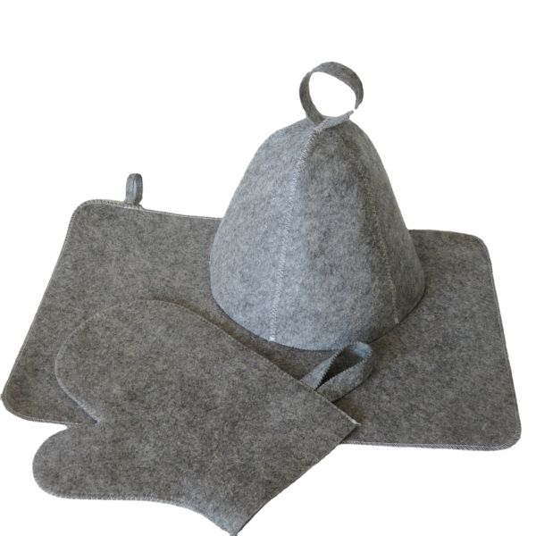 Sauna-Set 3-tlg. aus Filz, Saunaunterlage, Mütze, Handschuh, grau