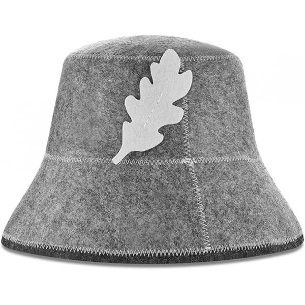 Saunahut Wollfilz, Filzbadehut Saunamütze grau mit Blatt